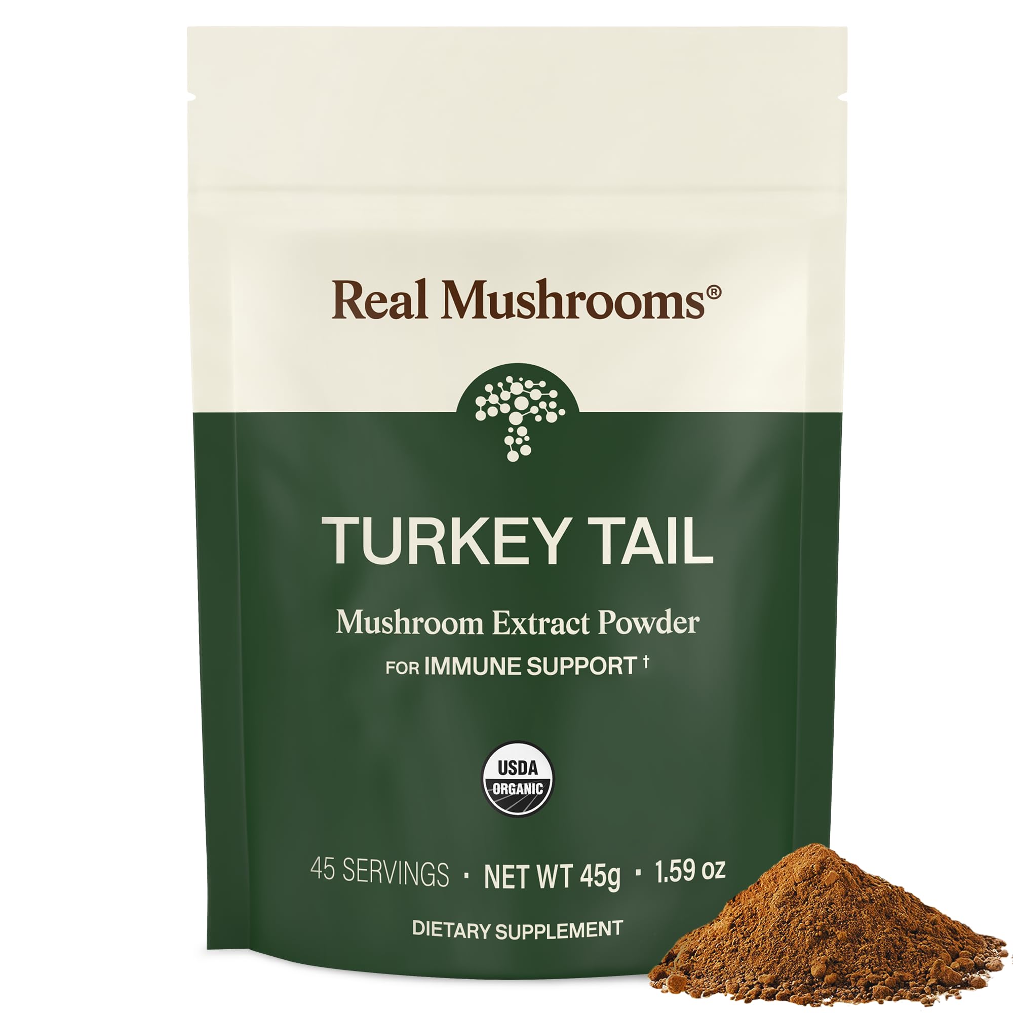 Real Mushrooms frasco frontal del polvo Turkey Tail mostrando diseño y cantidad