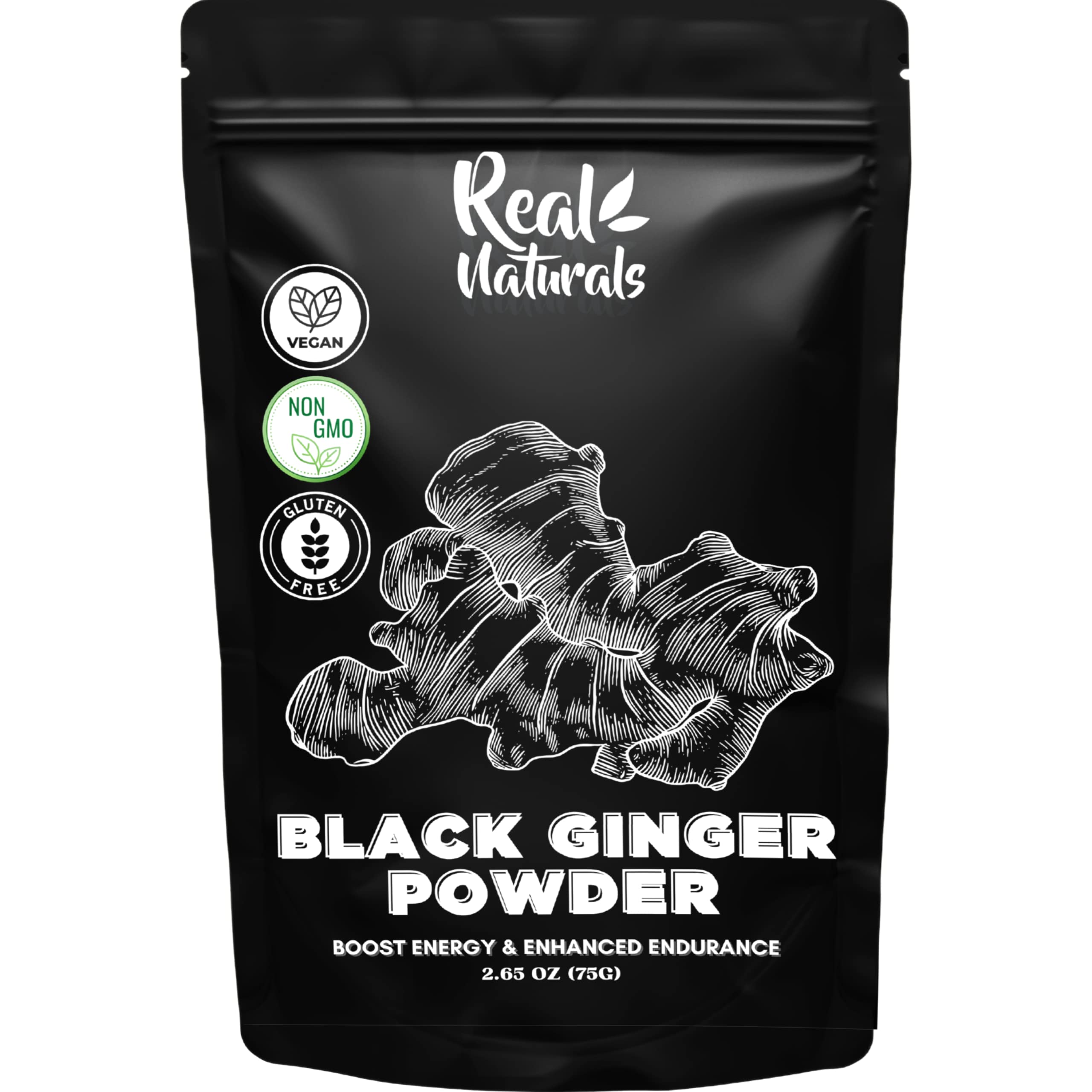Real Naturals polvo de jengibre negro frente del envase mostrando presentación y beneficio energético