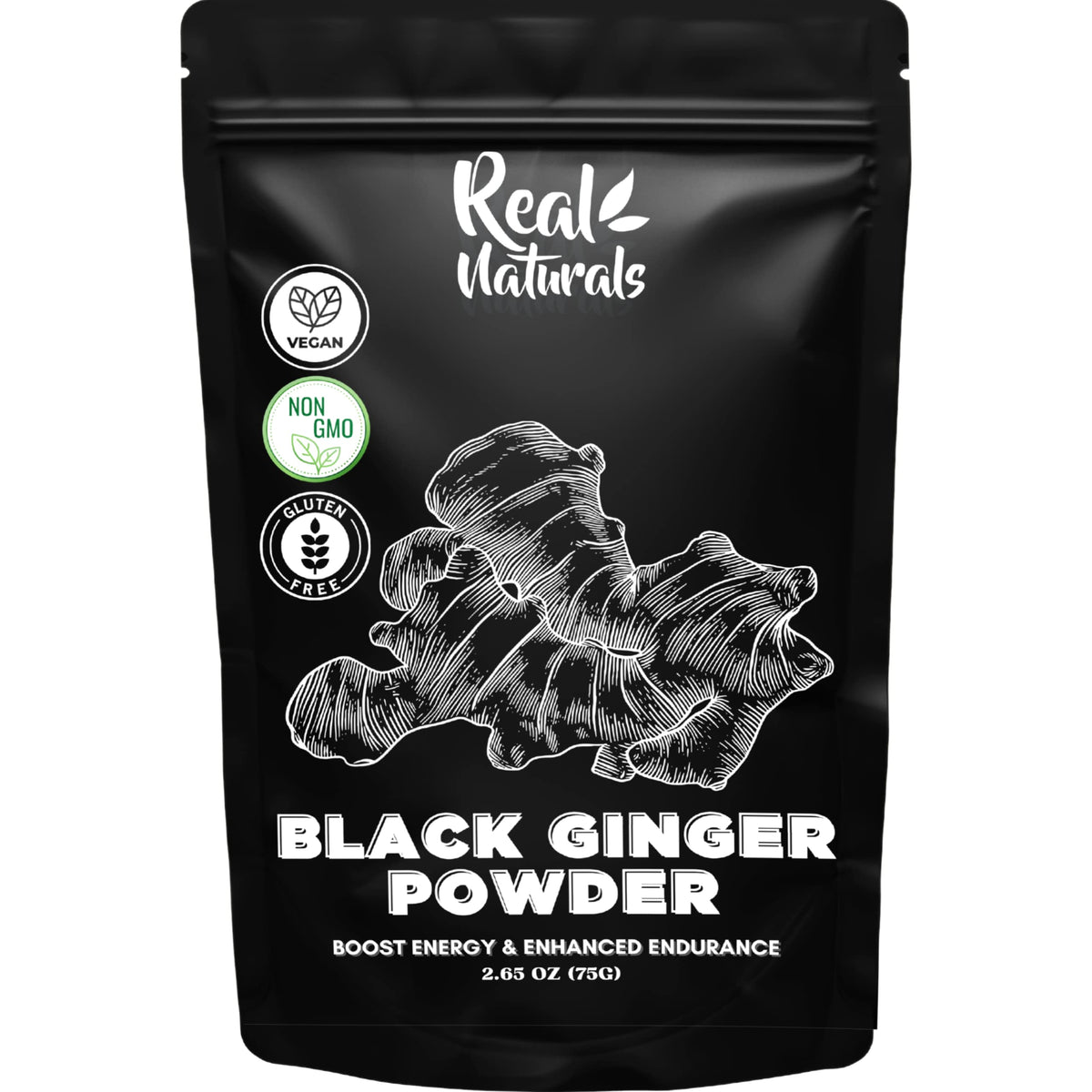 Real Naturals polvo de jengibre negro frente del envase mostrando presentación y beneficio energético