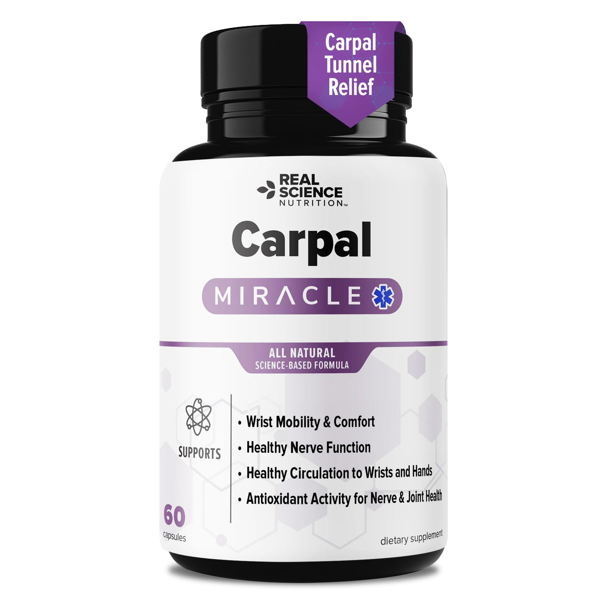 Real Science Nutrition frasco frontal que muestra la marca y beneficio de confort