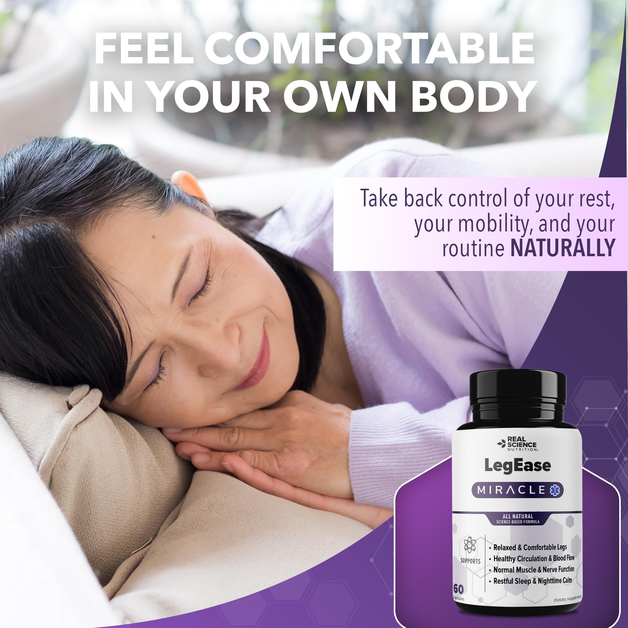 Real Science LegEase Miracle en dormitorio escena de uso promueve sueño reparador
