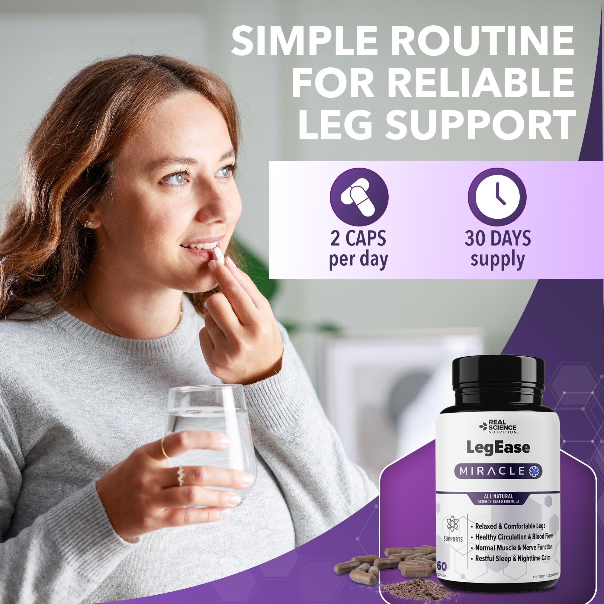 Real Science LegEase Miracle etiqueta nutricional detalle de vitaminas y pureza