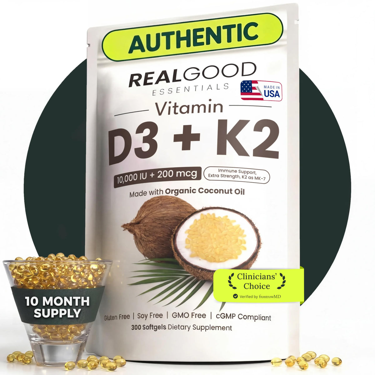 RealGood Essentials frente del frasco mostrando contenido y beneficios