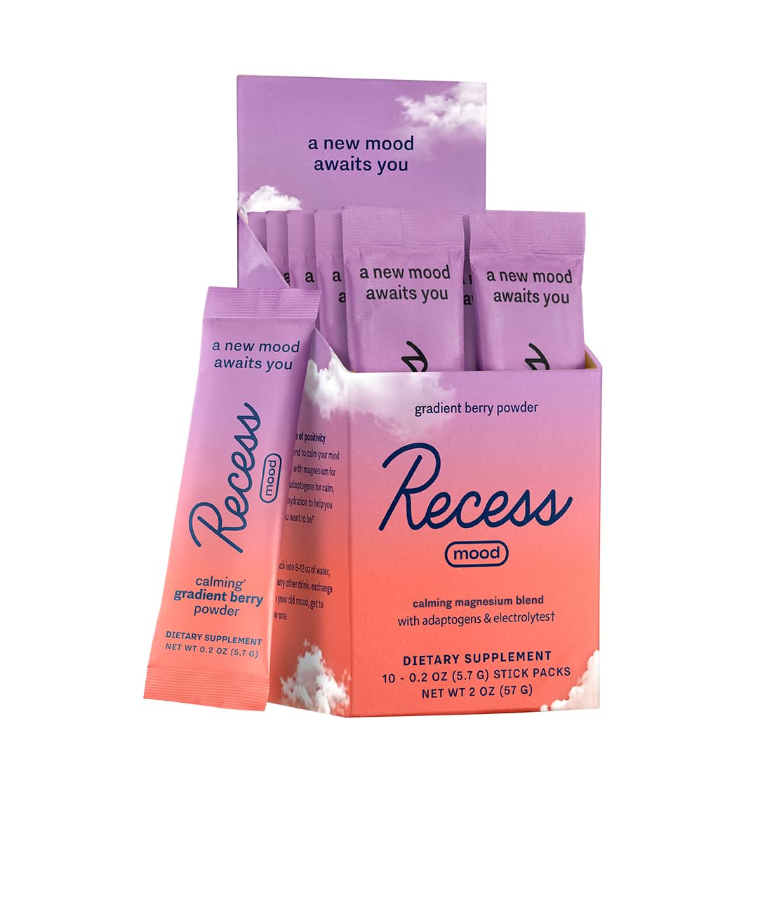 Recess frente del empaque mostrando Gradient Berry y beneficios visibles