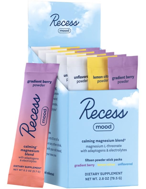 Recess sampler frente del empaque mostrando 15 sobres y beneficios portable