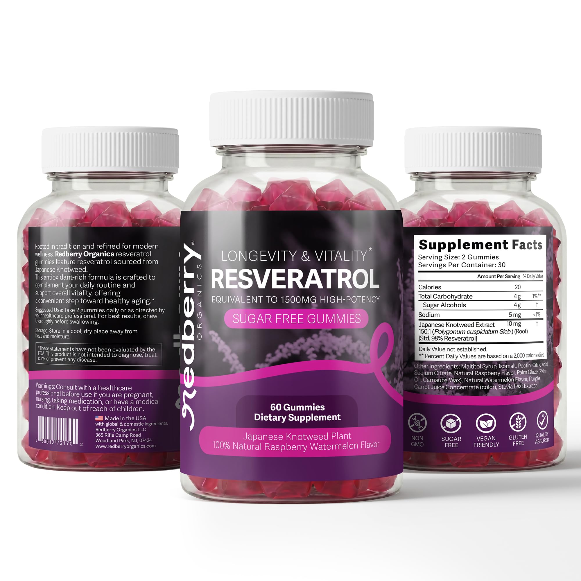 Redberry Organics envase abierto mostrando gomitas y cantidad interior