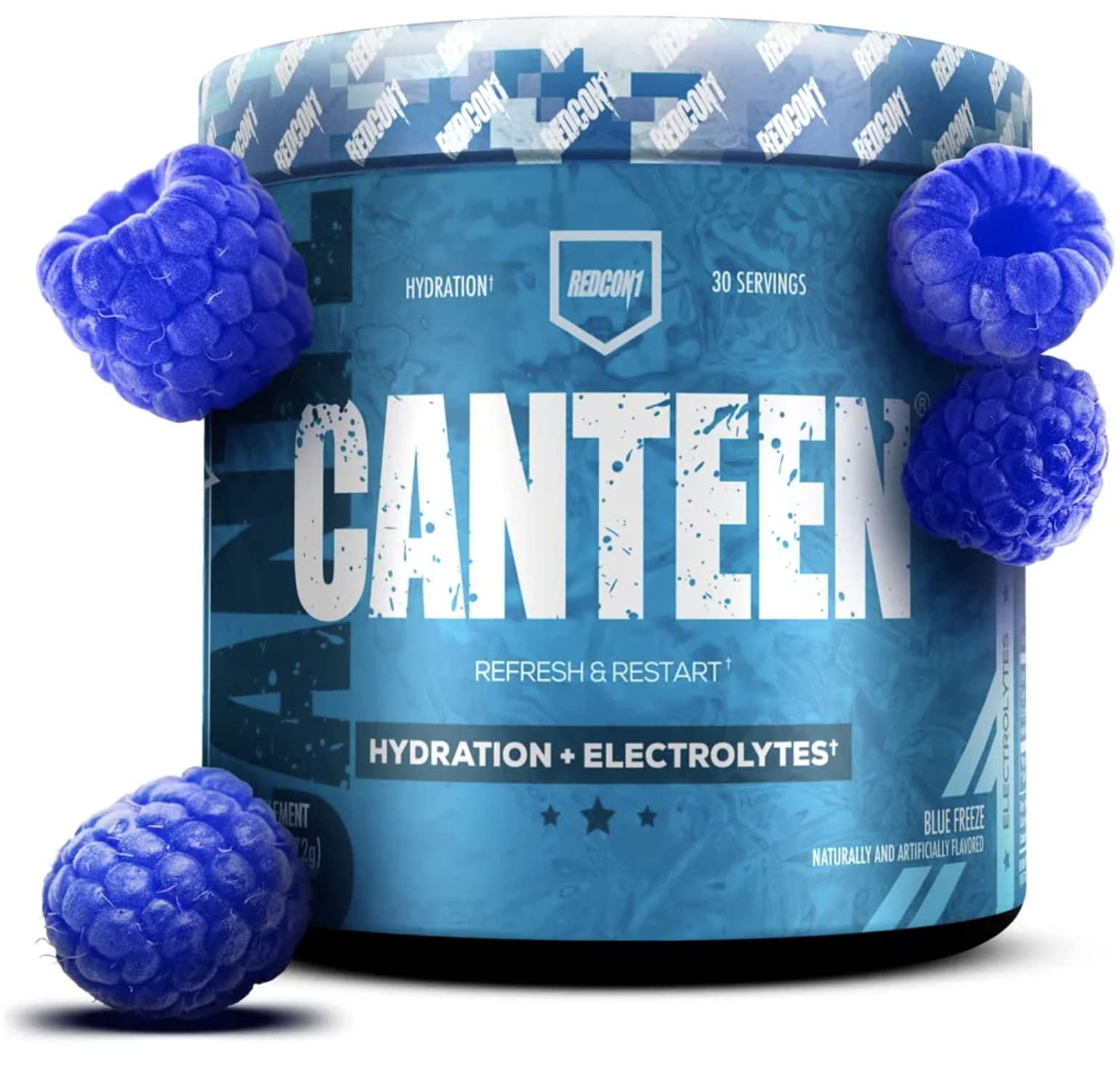REDCON1 vistazo frontal del envase con etiqueta clara y sabor Blue Freeze