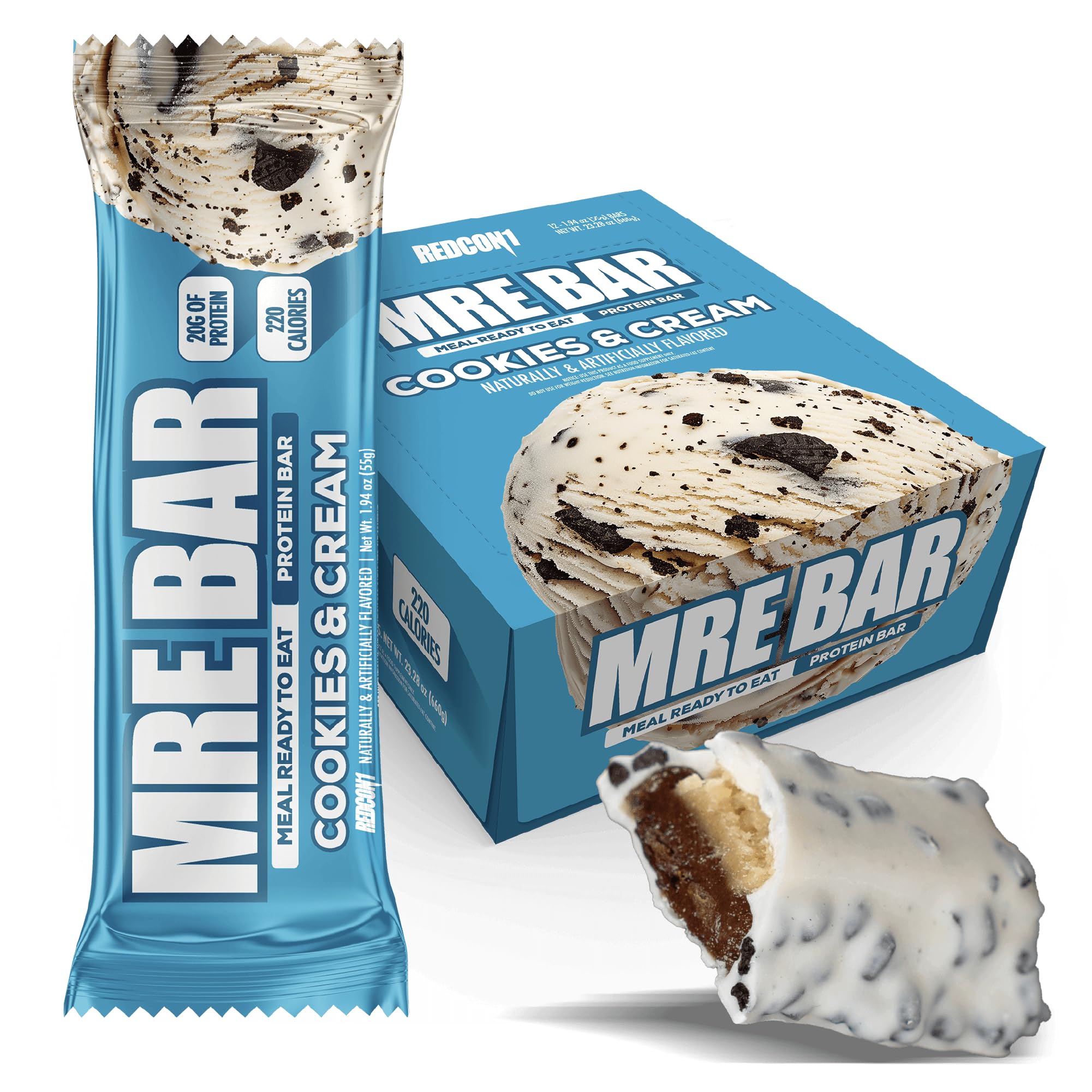 REDCON1 frontal del paquete MRE Cookies & Cream, conveniente para llevar