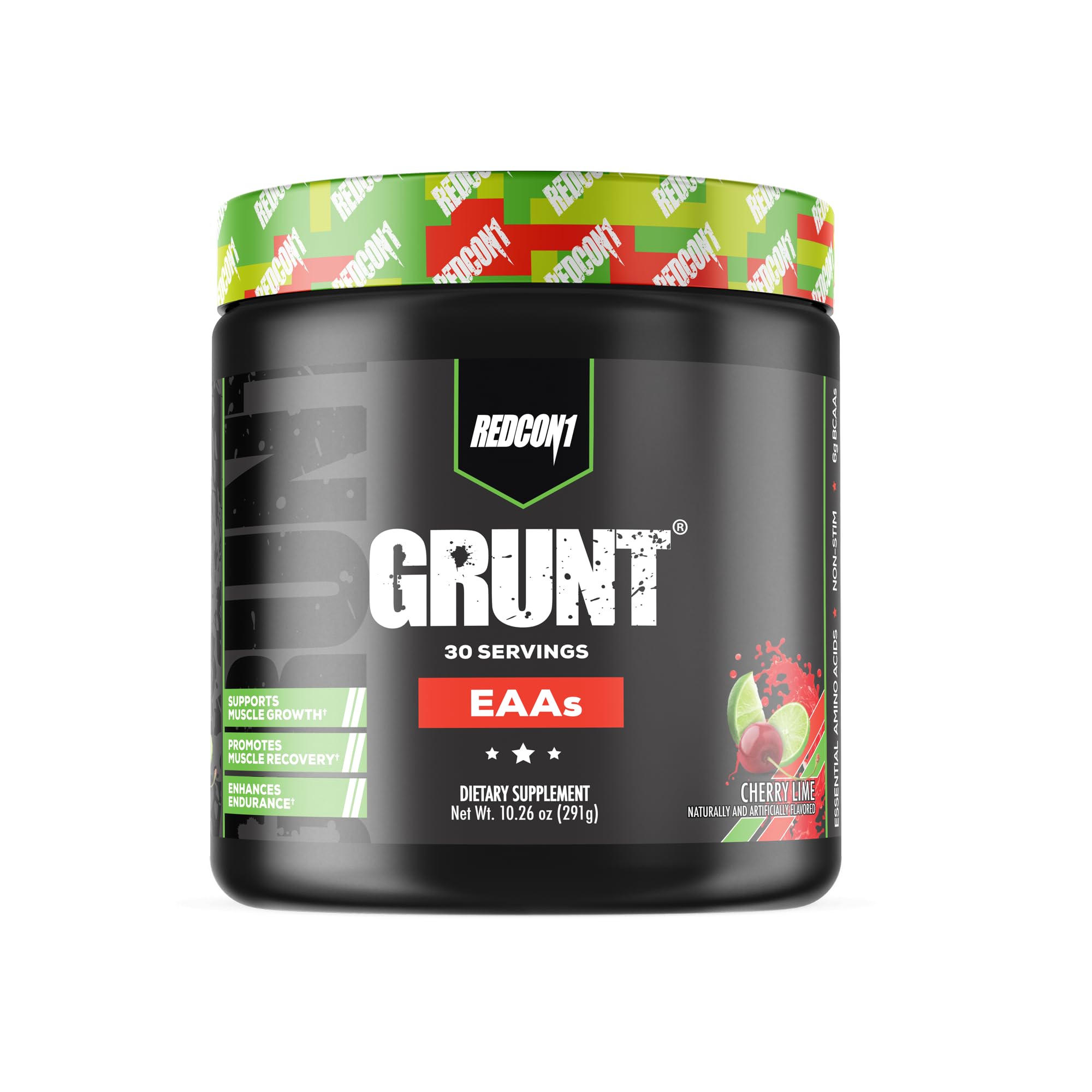 REDCON1 Grunt vista frontal del envase con sabor cereza lima y beneficio recuperación