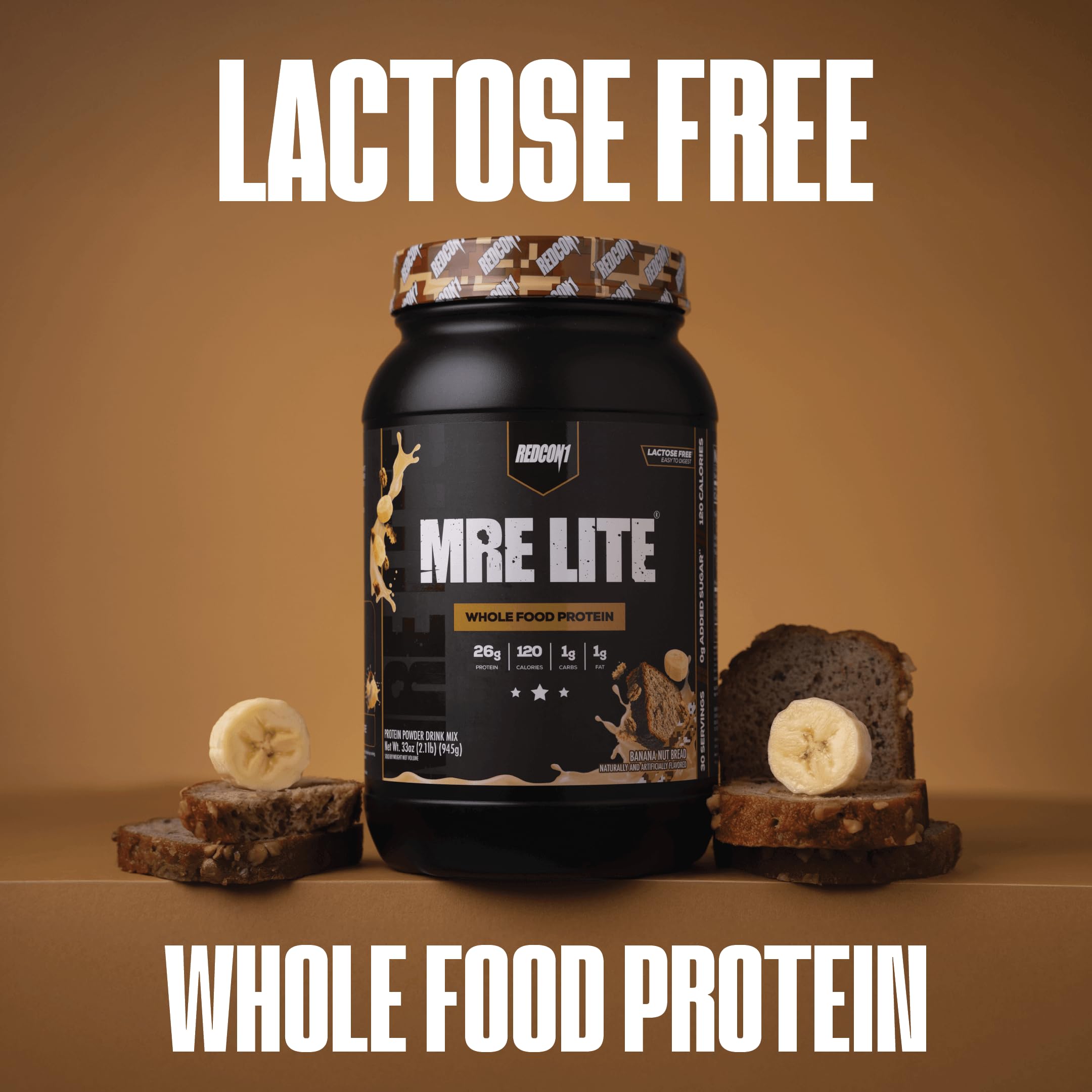 REDCON1 MRE LITE detalle de la etiqueta nutricional que muestra 26 g proteína y 1 g carbohidratos