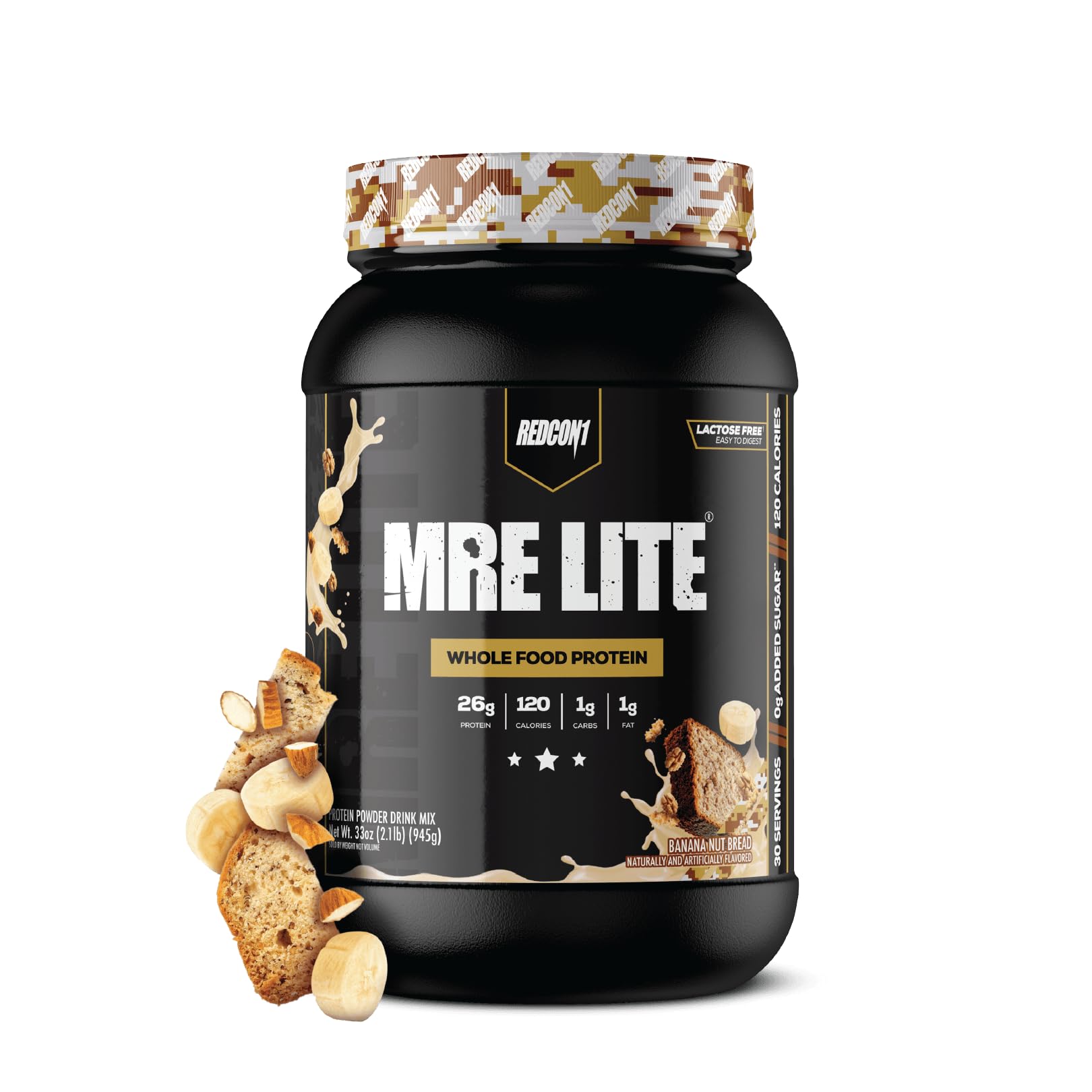REDCON1 MRE LITE frente del envase mostrando sabor Banana Nut Bread y beneficios de proteína