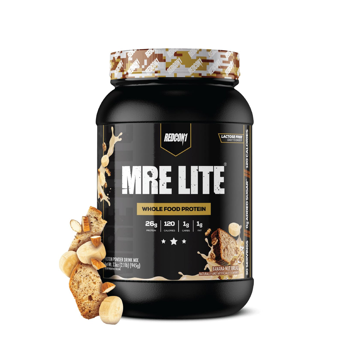 REDCON1 MRE LITE frente del envase mostrando sabor Banana Nut Bread y beneficios de proteína