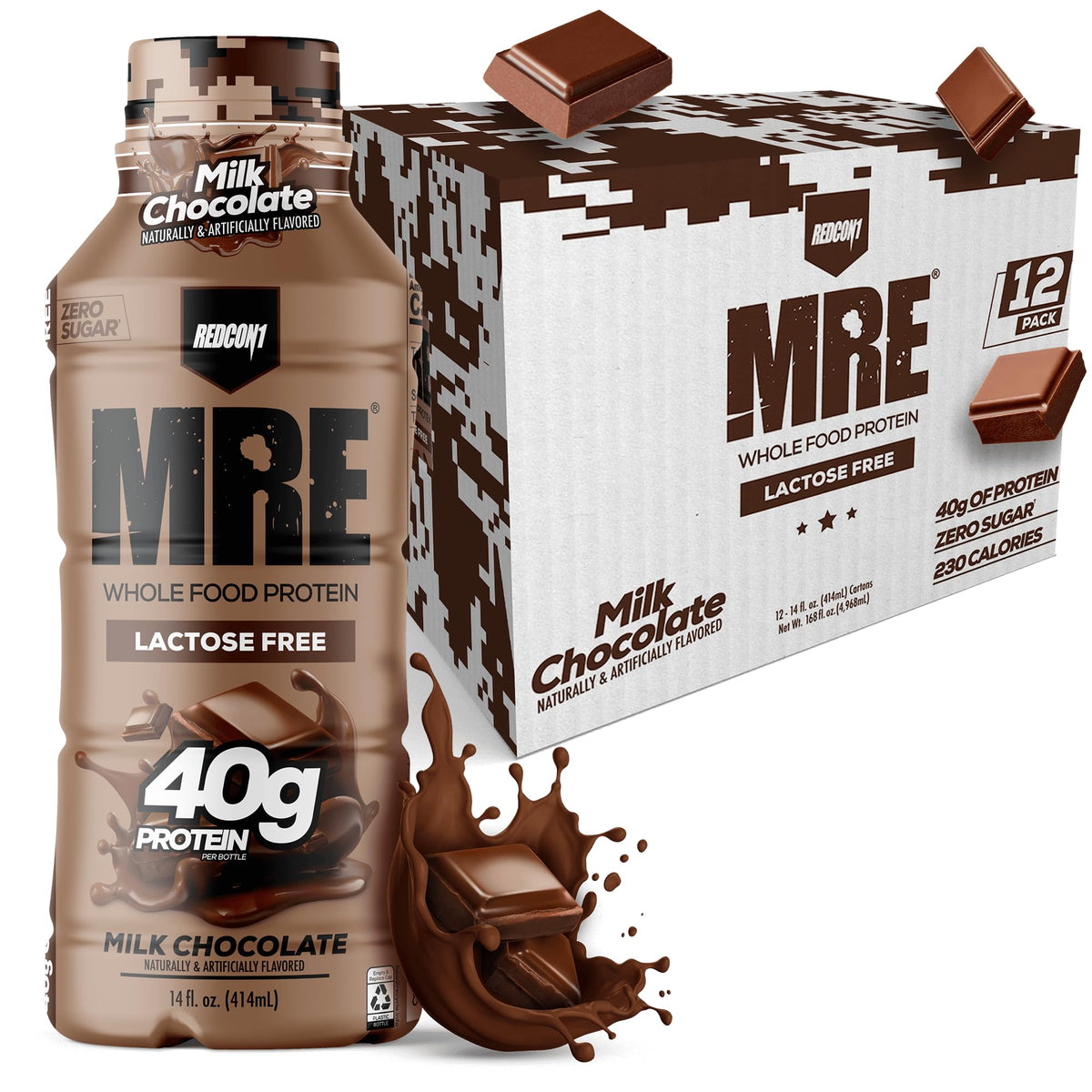 REDCON1 envase frontal chocolate leche mostrando etiqueta y beneficio proteico