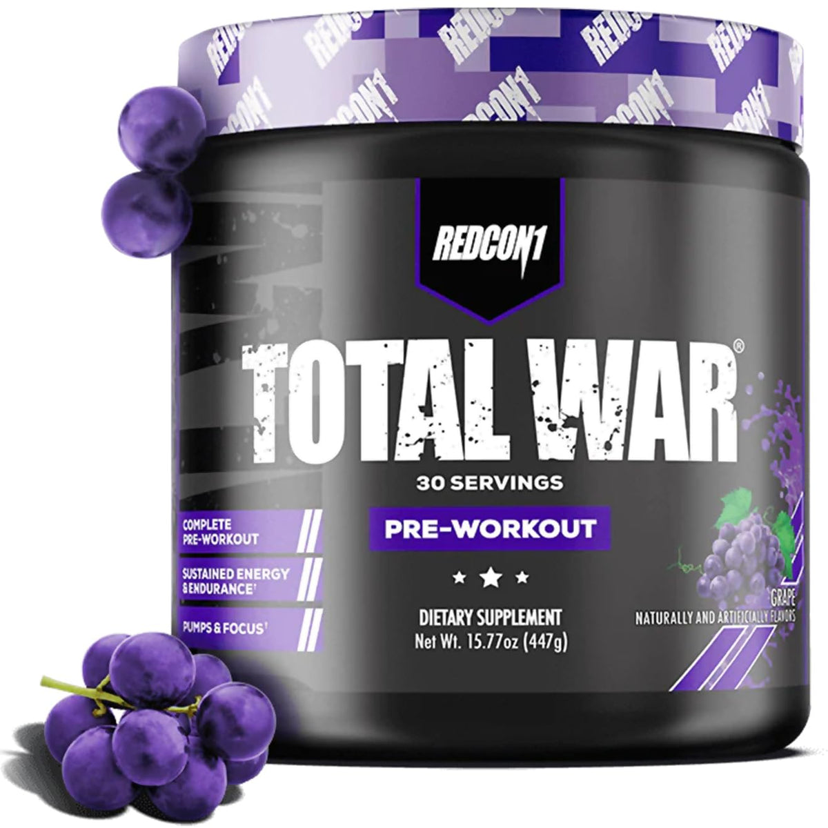 REDCON1 Total War frontal del envase mostrando sabor uva y beneficios
