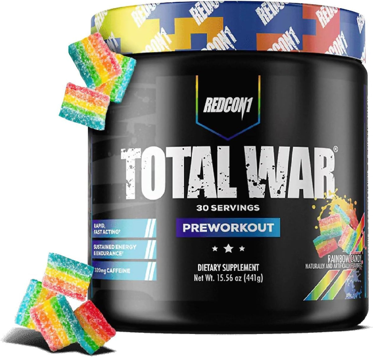 REDCON1 envase frontal Total War Rainbow Candy mostrando diseño y dosis