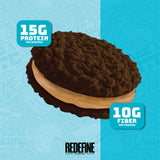 REDEFINE corte que muestra relleno SKIPPY chocolate y aporte proteico