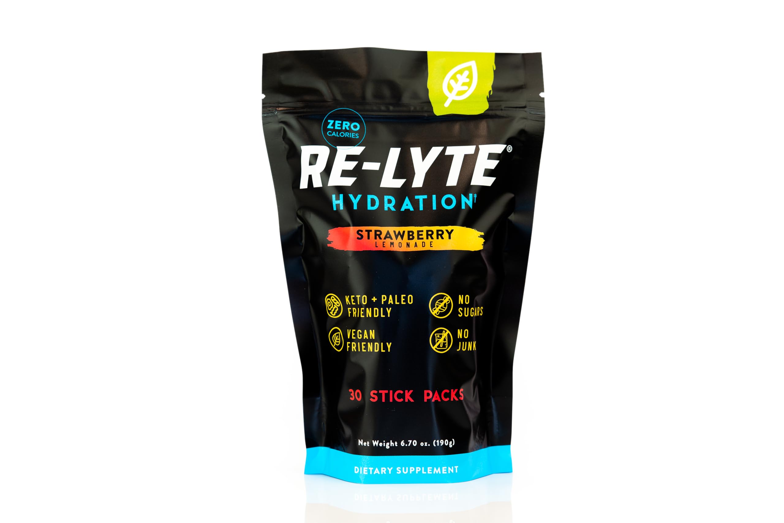 REDMOND paquete Re-Lyte fresa-limón mostrando sobres y caja, fácil transporte