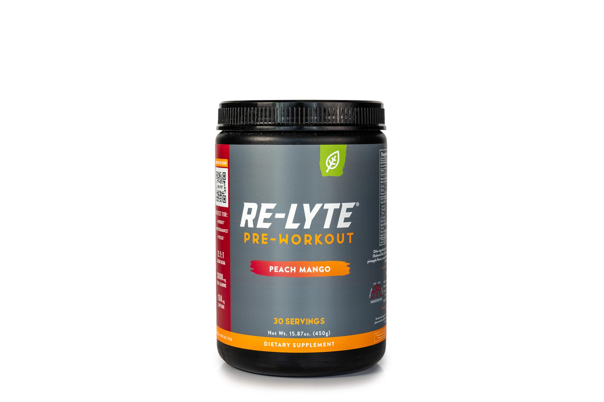 Redmond Re-Lyte envase frontal mostrando el diseño y el sabor peach mango, fácil identificación
