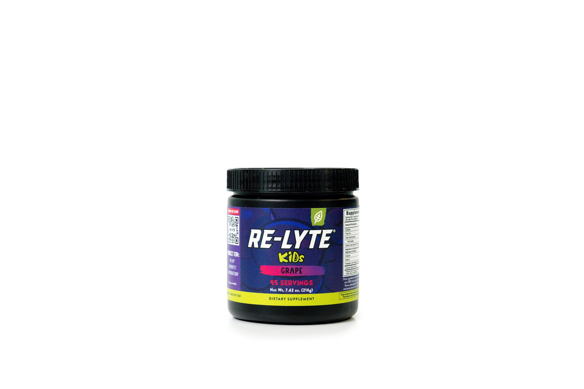 REDMOND envase frontal de Re-Lyte Kids uva mostrando etiqueta y beneficios