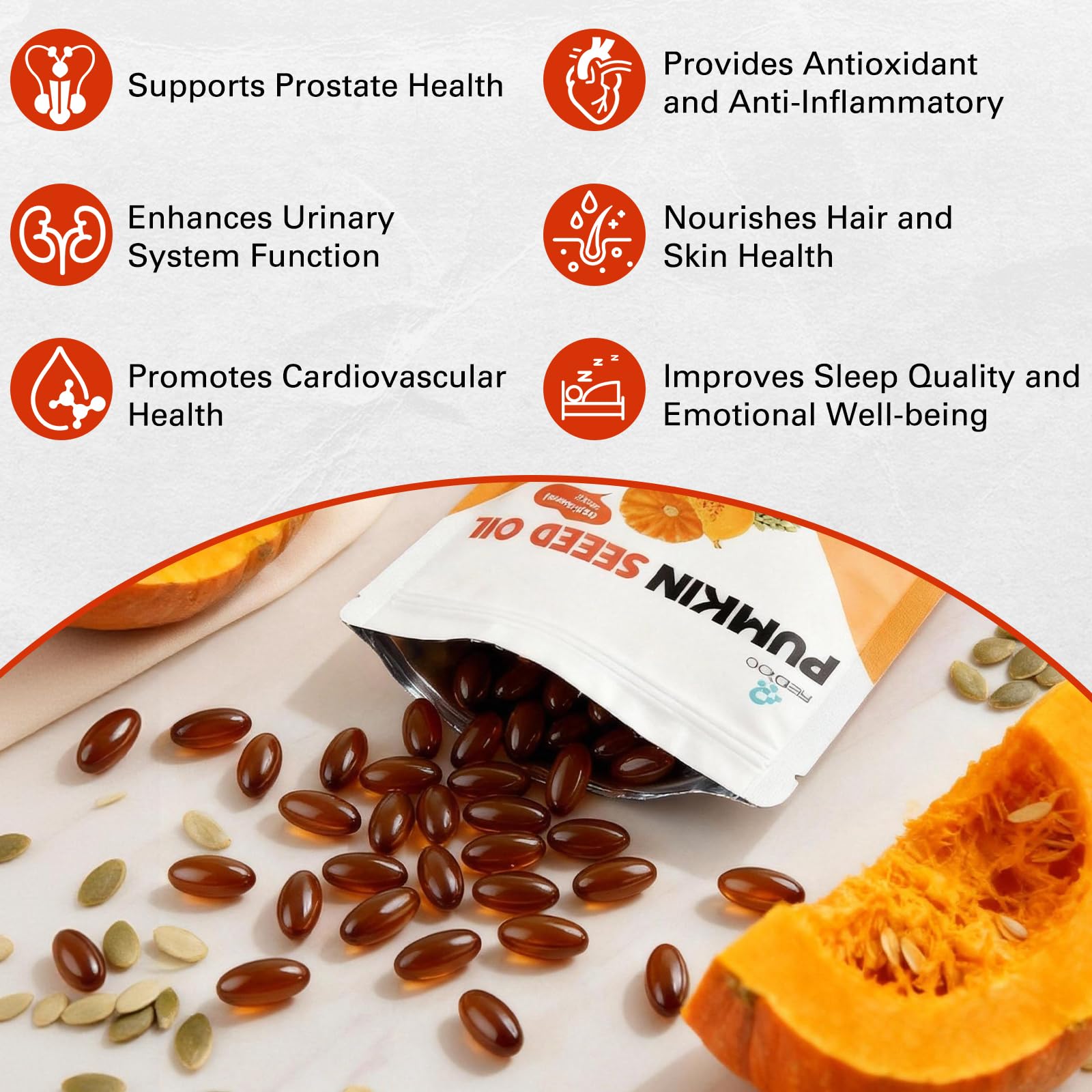 REDOO primer plano del aceite de calabaza mostrando pureza y textura
