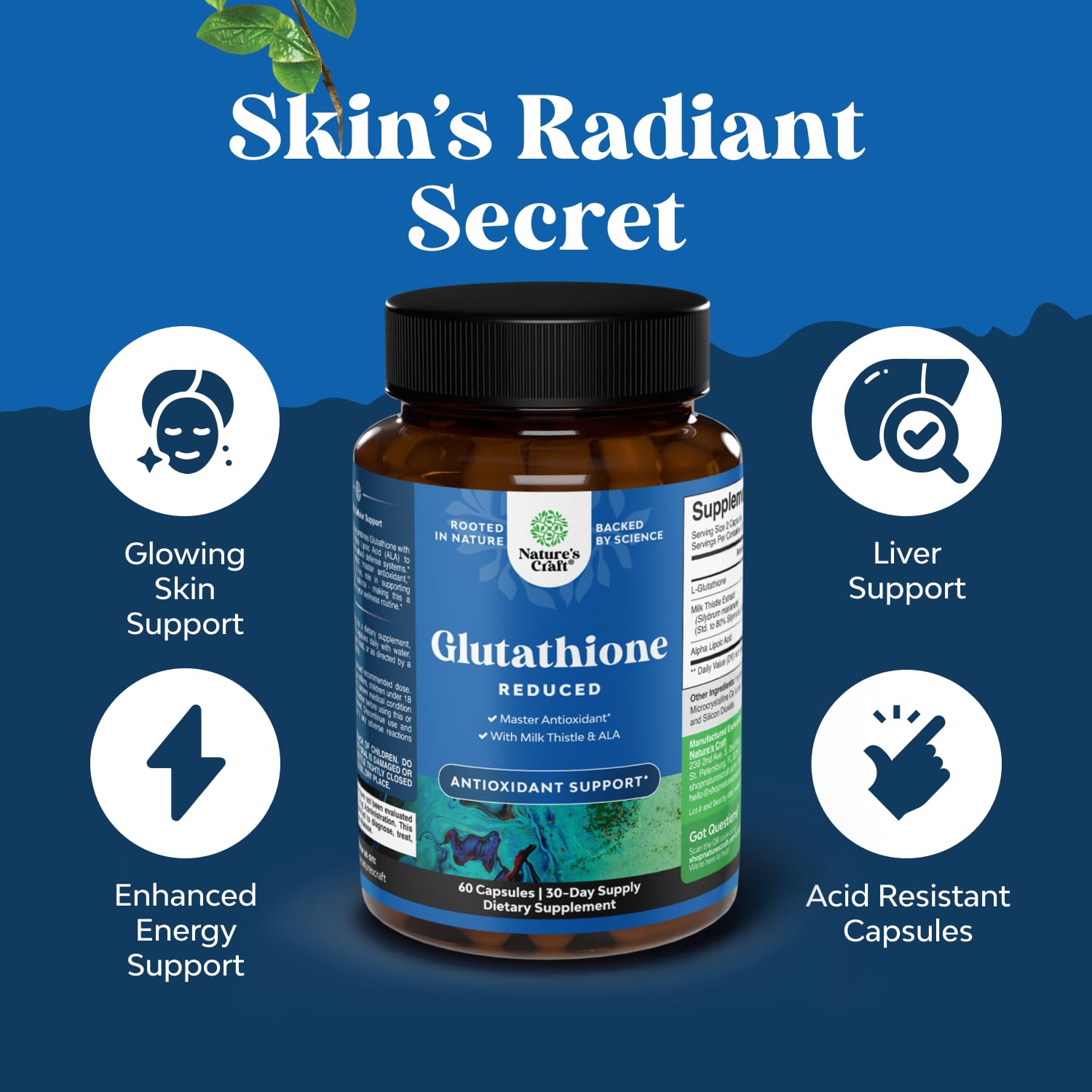 Reduced Glutathione Supplement with Milk Thistle cápsulas huecas mostradas, marca y fácil ingestión