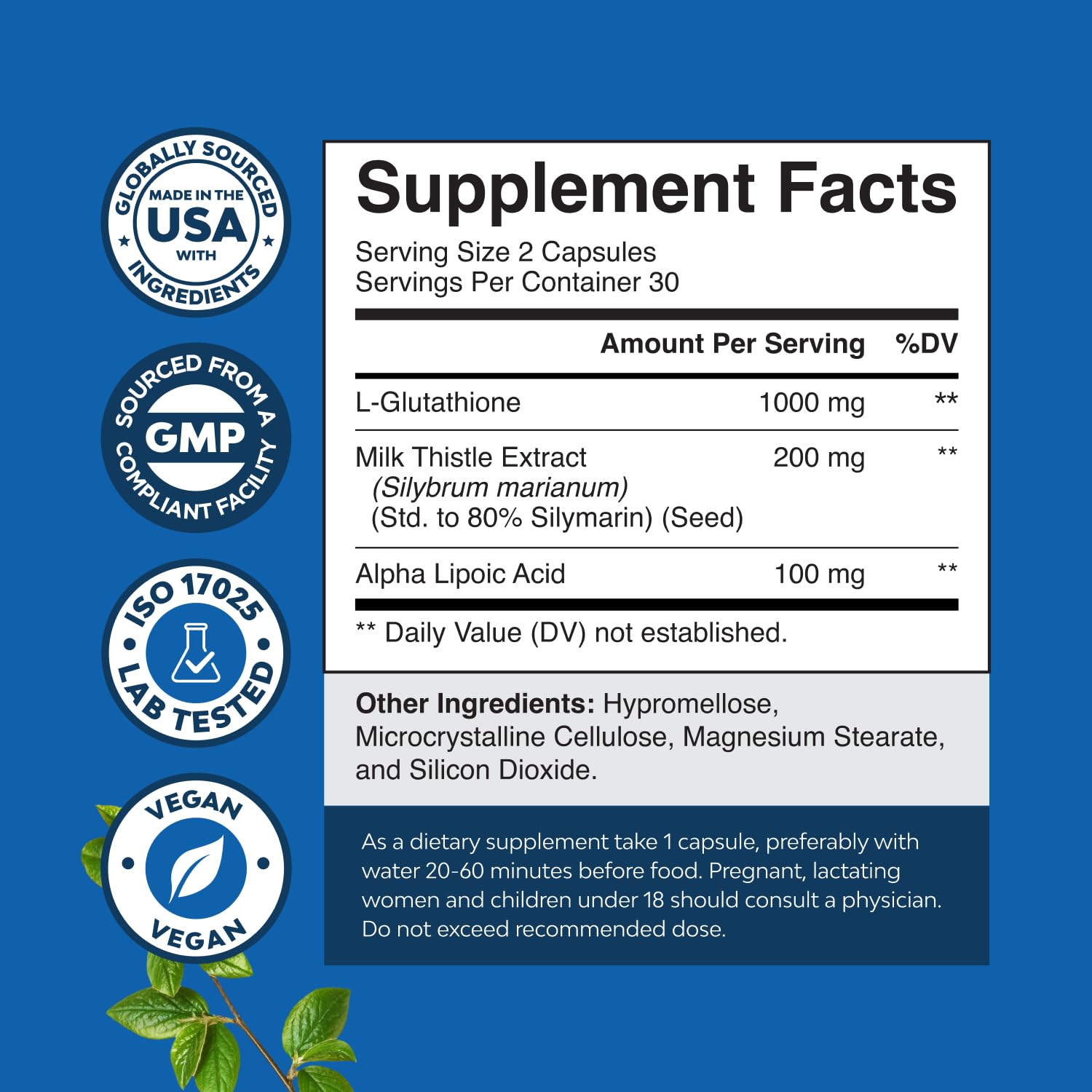 Reduced Glutathione Supplement with Milk Thistle certificado de laboratorio, marca y garantía de pureza