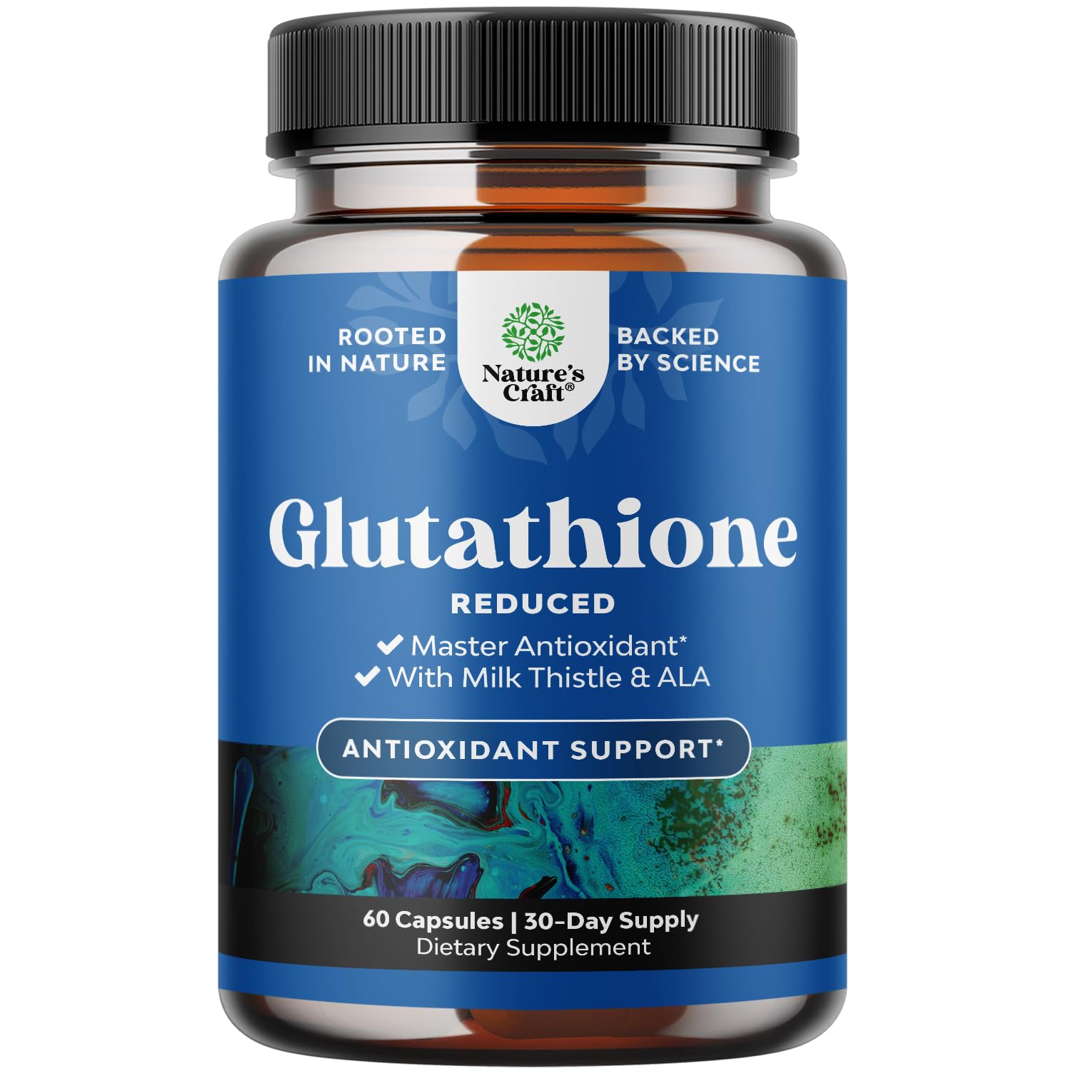 Reduced Glutathione Supplement with Milk Thistle envase frontal, marca y aporte antioxidante