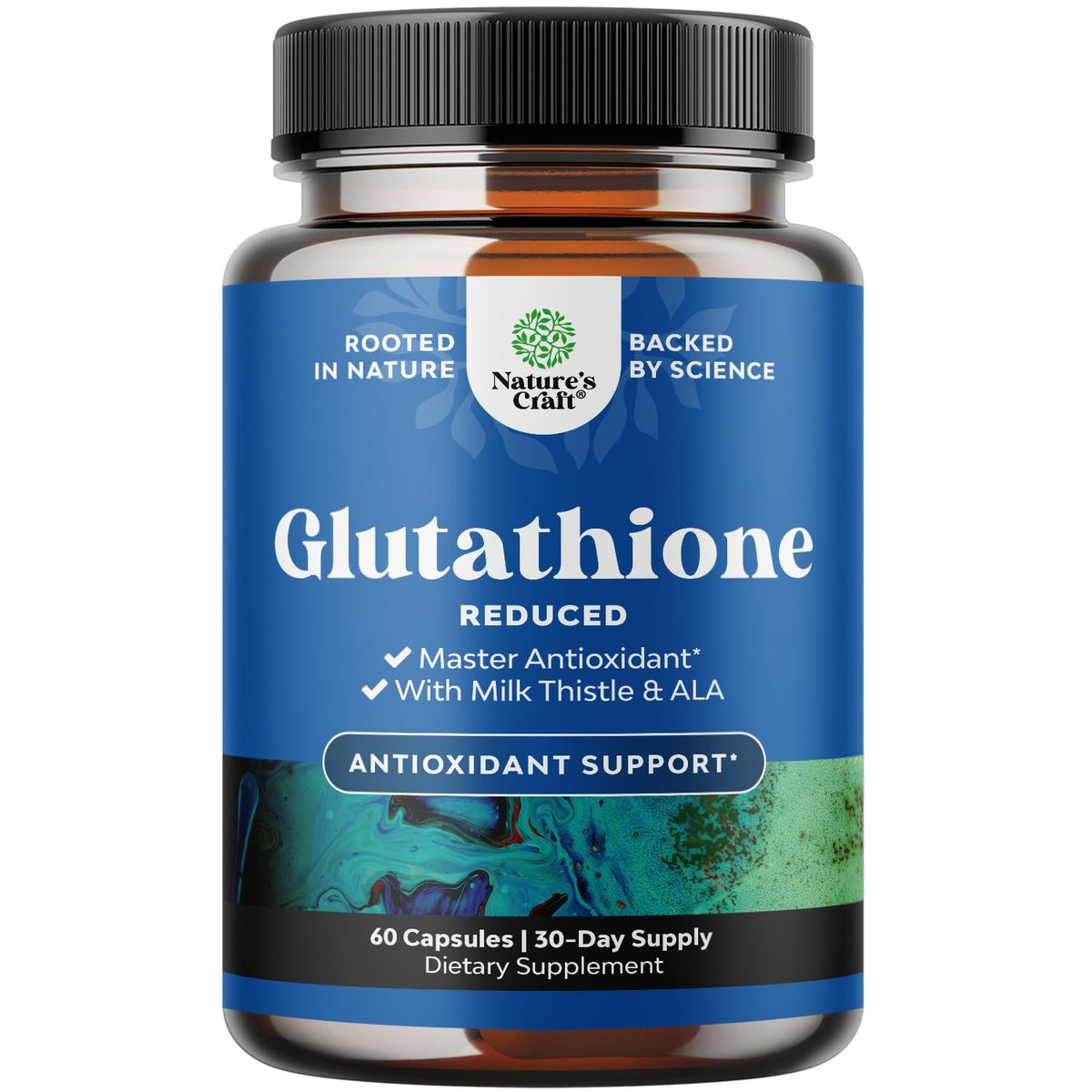 Reduced Glutathione Supplement with Milk Thistle envase frontal, marca y aporte antioxidante