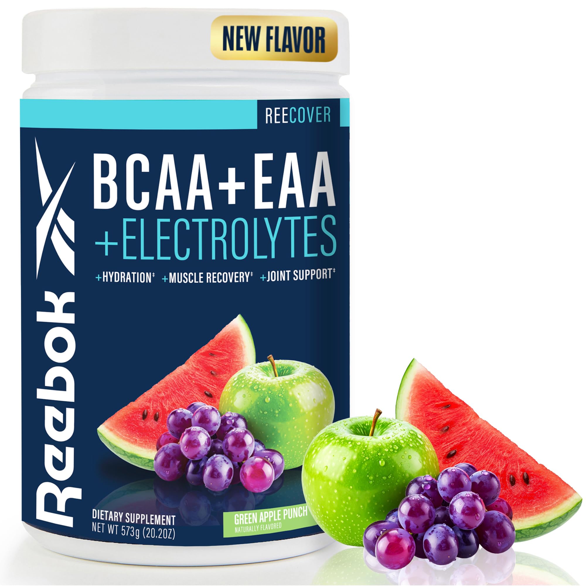 Reebok REEcover envase frontal mostrando 30 porciones y sabor Manzana Verde