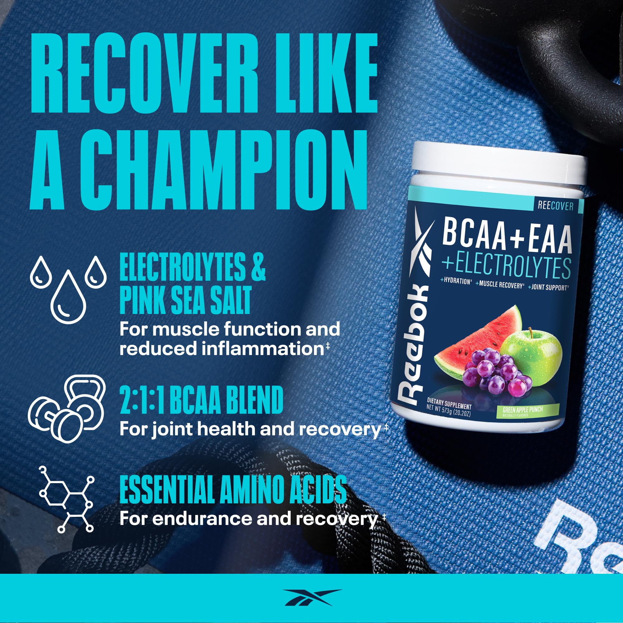 Bebida Reebok REEcover siendo agitada, mostrando hidratación rápida tras ejercicio