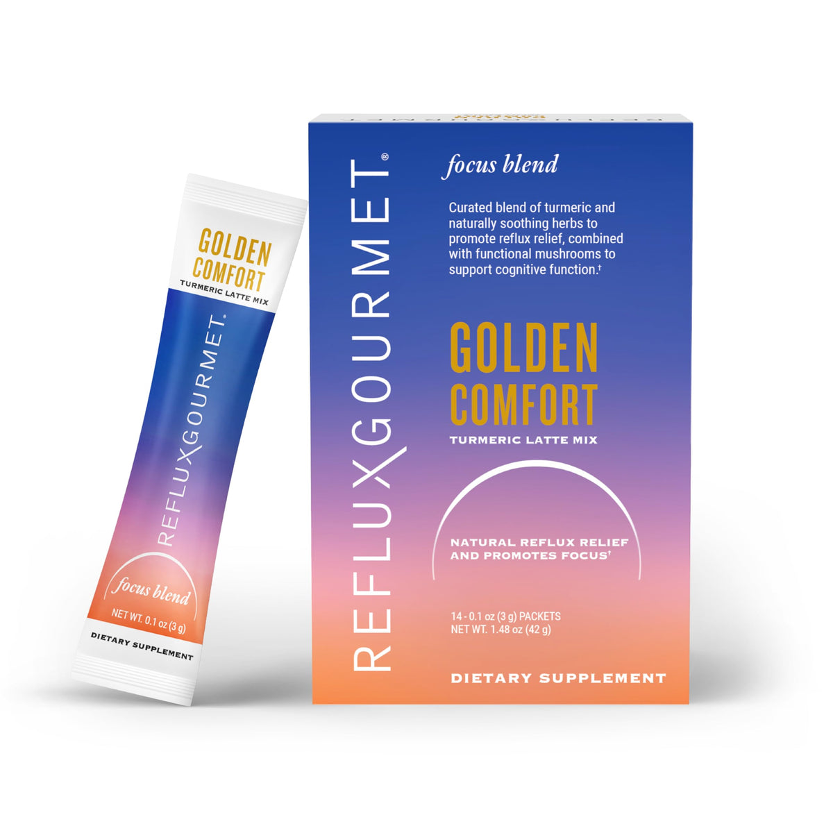 REFLUX GOURMET empaque frontal del Golden Comfort, promueve confianza y calidad