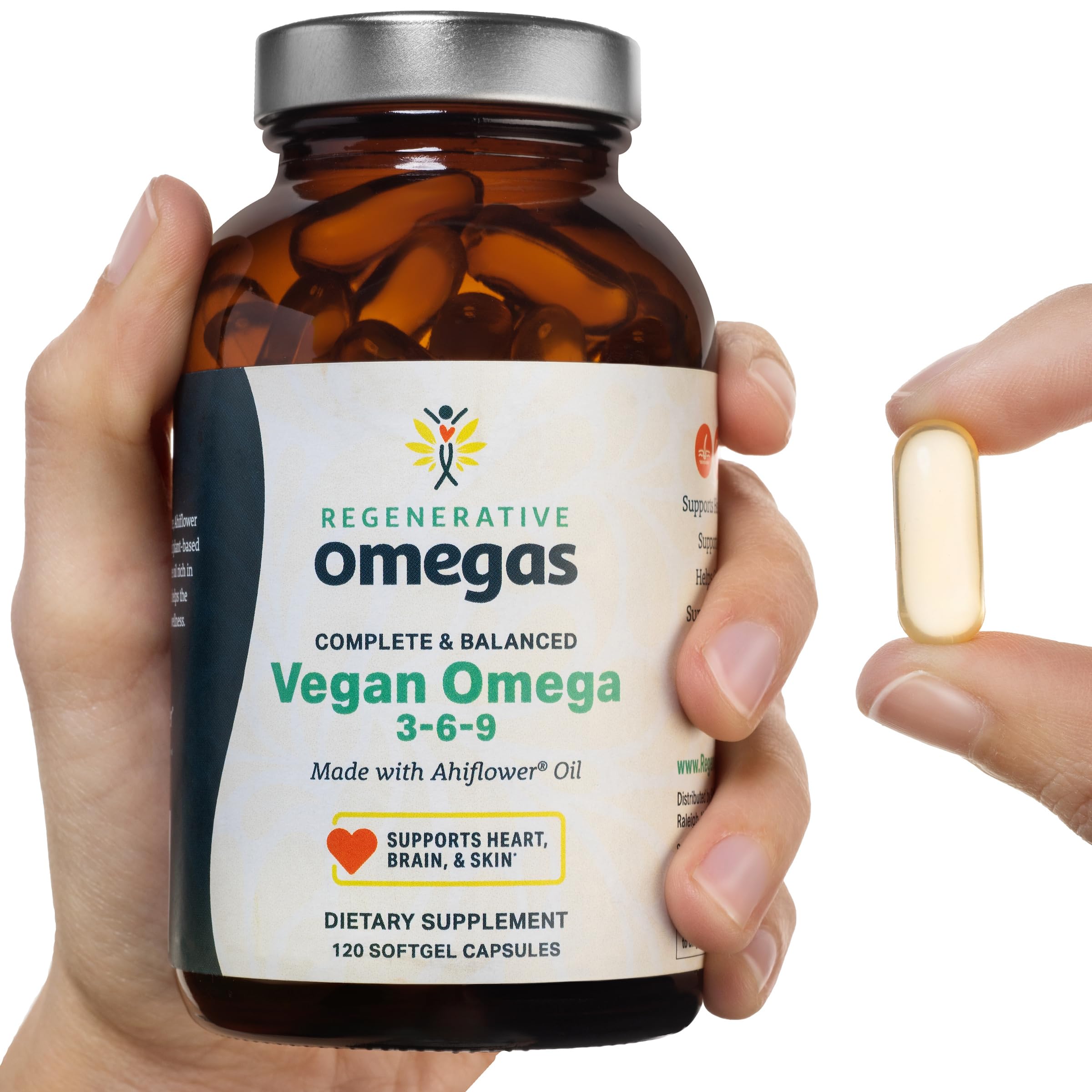 Regenerative Omegas mano sosteniendo cápsula ilustra facilidad de uso