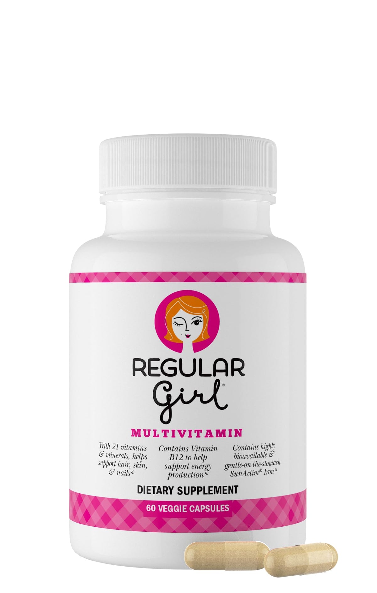 Regular Girl frasco frontal mostrando etiqueta clara y beneficios visibles