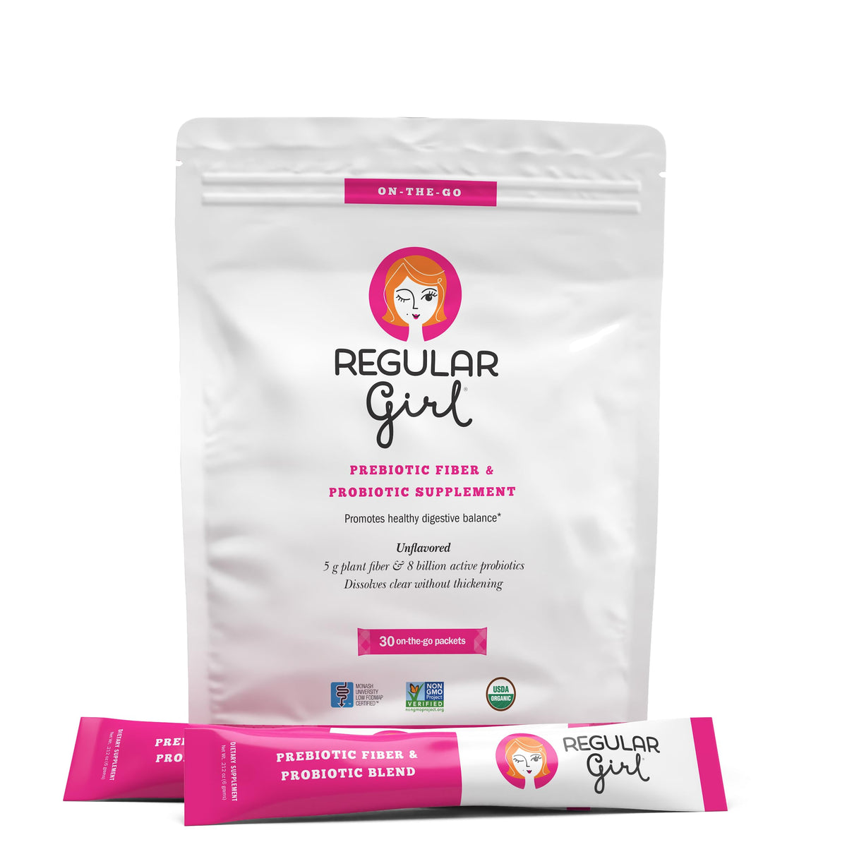 Regular Girl empaque frontal mostrando sobres y beneficios visibles