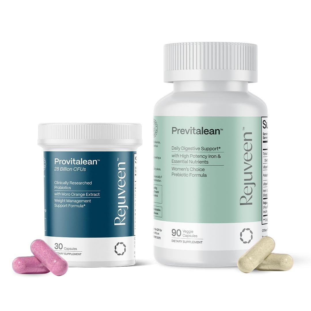 Rejuveen muestra frontal de Provitalean y Previtalean para soporte metabólico visible
