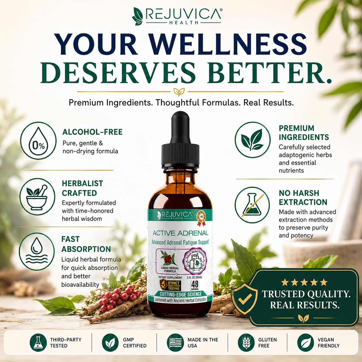 Rejuvica Health botella junto a ashwagandha y rodiola destacando ingredientes naturales
