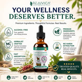 Rejuvica Health botella junto a ashwagandha y rodiola destacando ingredientes naturales