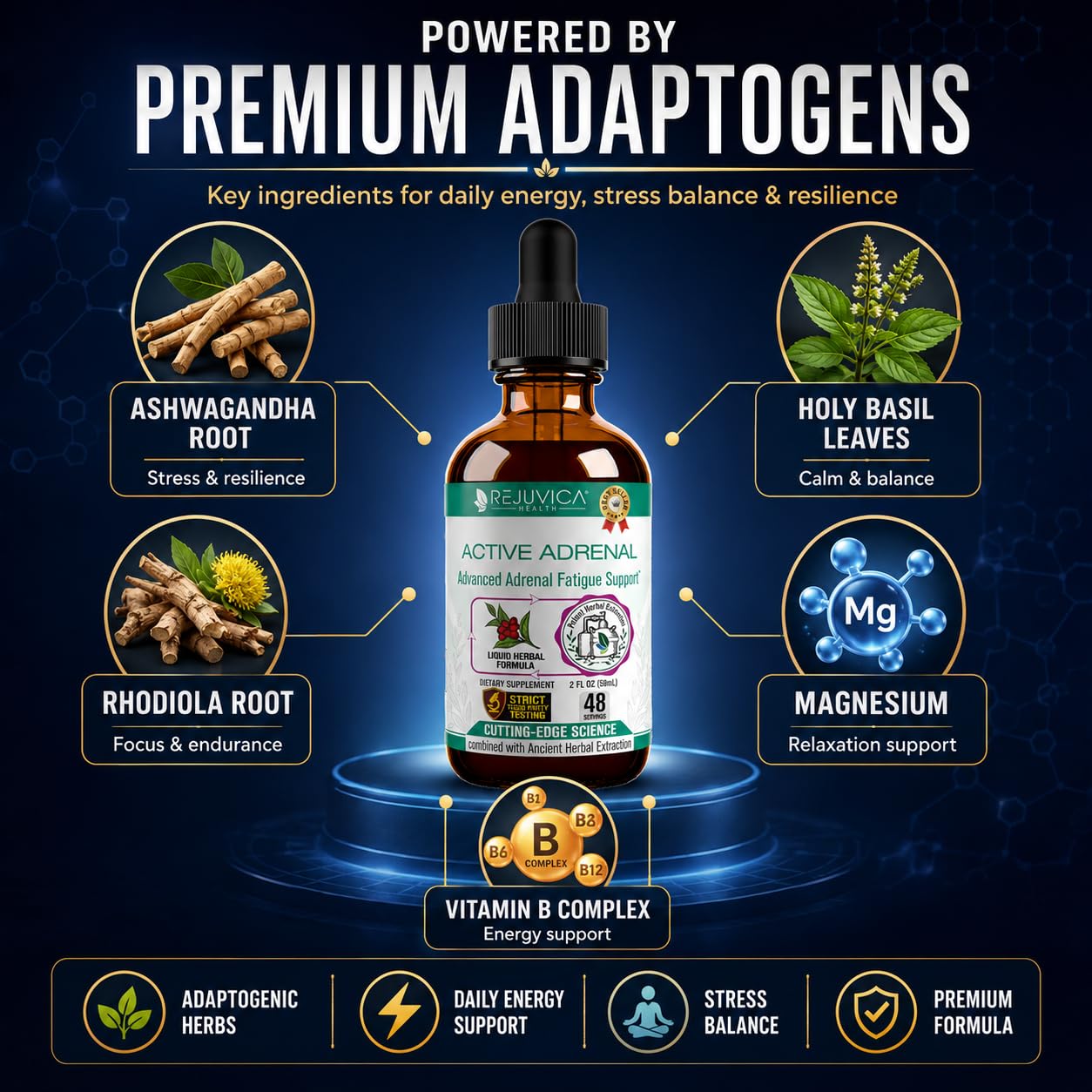 Rejuvica Health etiqueta con lista de ingredientes naturales y origen herbolario