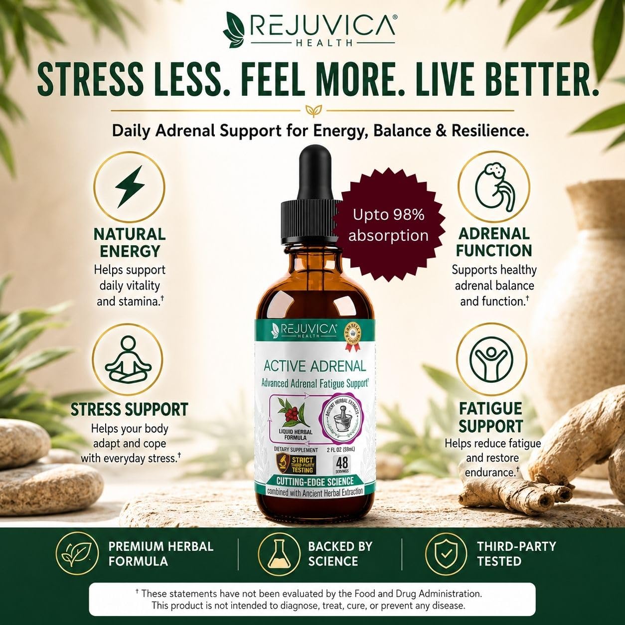 Rejuvica Health gotas en lengua ilustrando toma sublingual y absorción directa