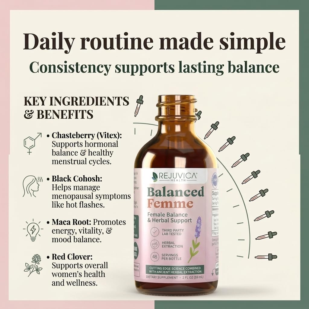 Rejuvica Health etiqueta del producto Balanced Femme mostrando ingredientes y certificaciones