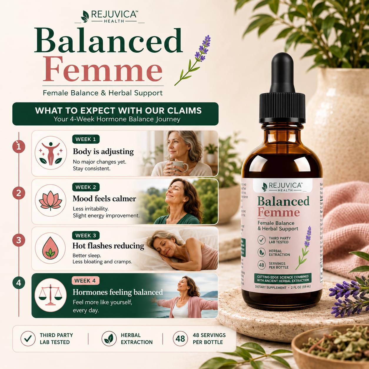 Rejuvica Health persona aplicando Balanced Femme con gotero, uso fácil y sin agua