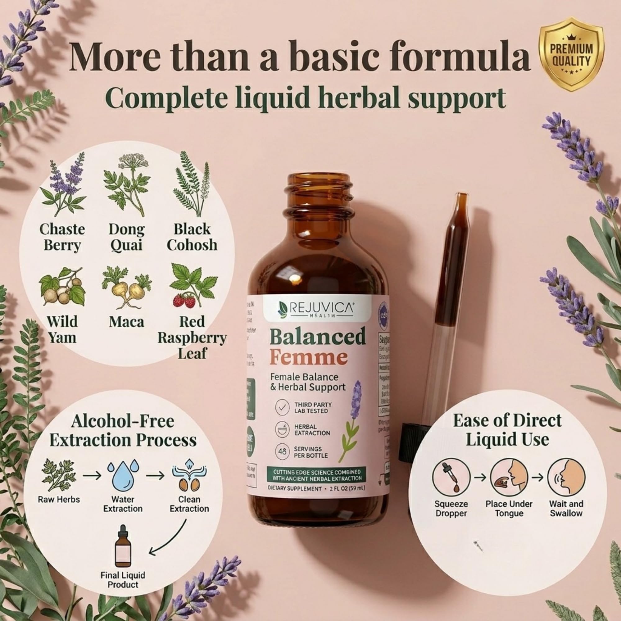 Rejuvica Health mezcla de hierbas orgánicas usada en Balanced Femme, origen natural visible