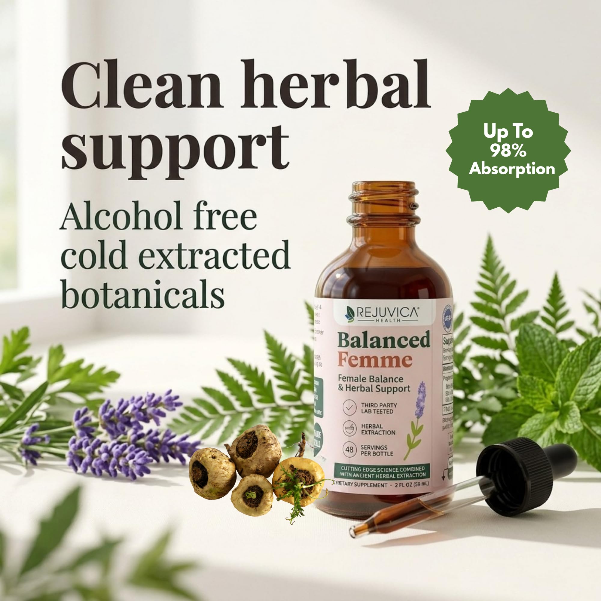 Rejuvica Health botella junto a una regla para comparar tamaño, control de dosis visual