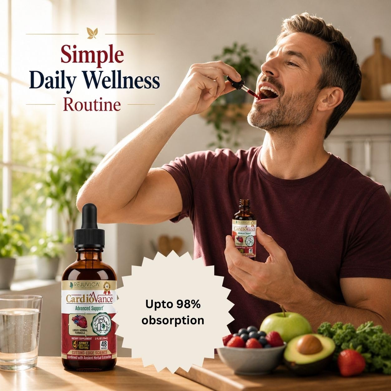 Rejuvica Health botella junto a regla, comparación de tamaño compacto