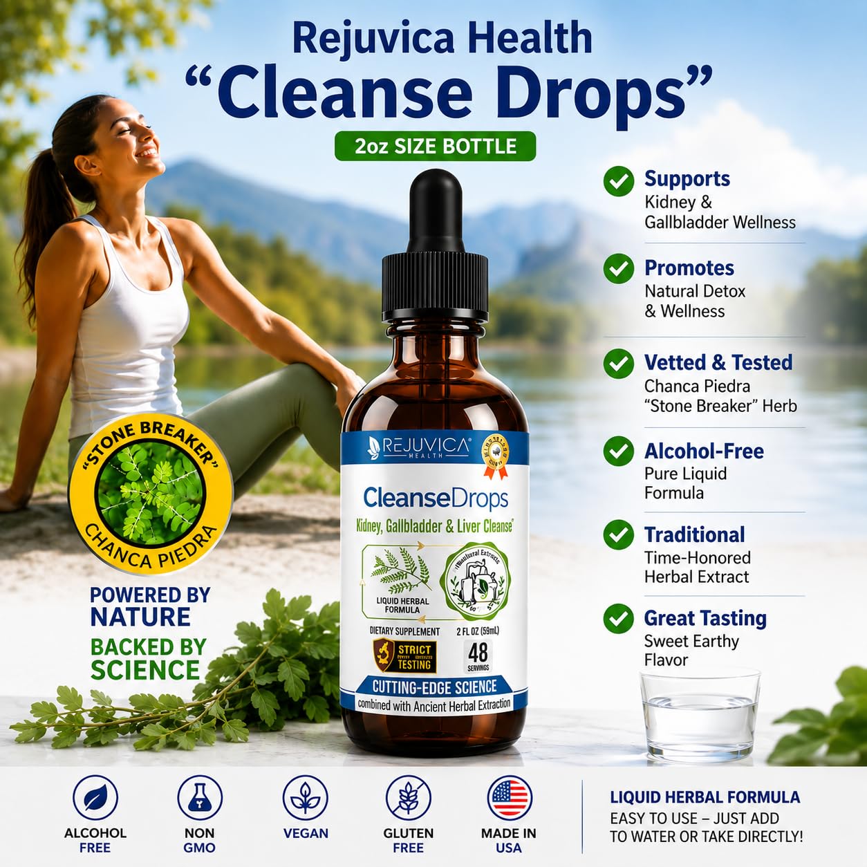 Rejuvica Health frasco junto a una regla para comparar tamaño portátil