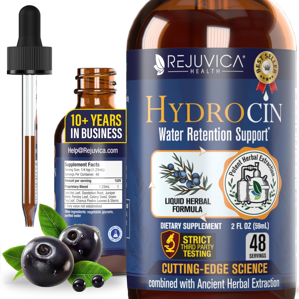 Rejuvica Hydrocin frente del producto mostrando botella y gotero beneficios inmediatos