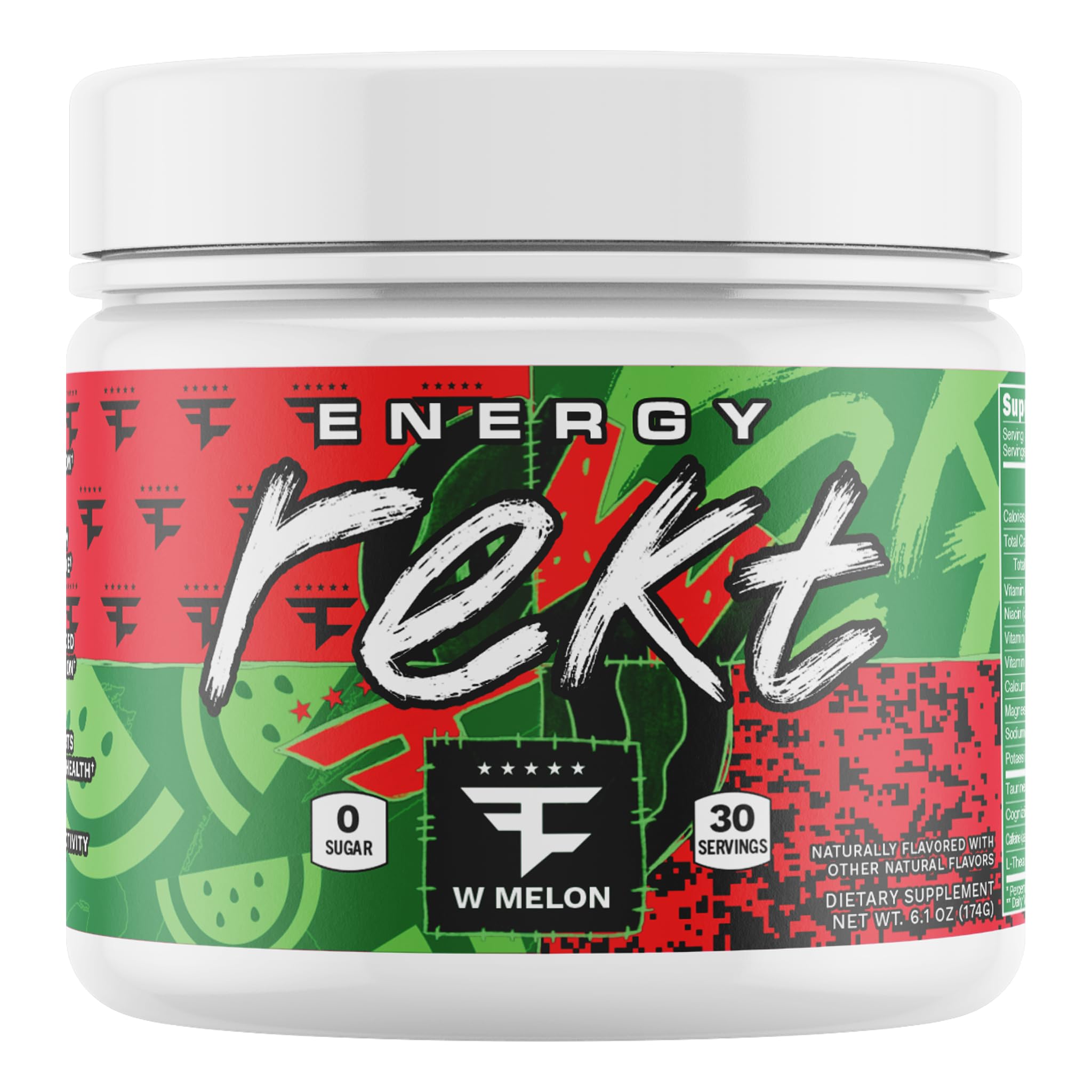 Rekt Drinks Faze W Melon frente del envase mostrando 30 porciones y diseño atractivo