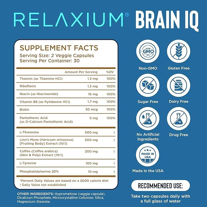 Relaxium BrainIQ cápsulas en detalle que muestran textura y forma fácil de tragar