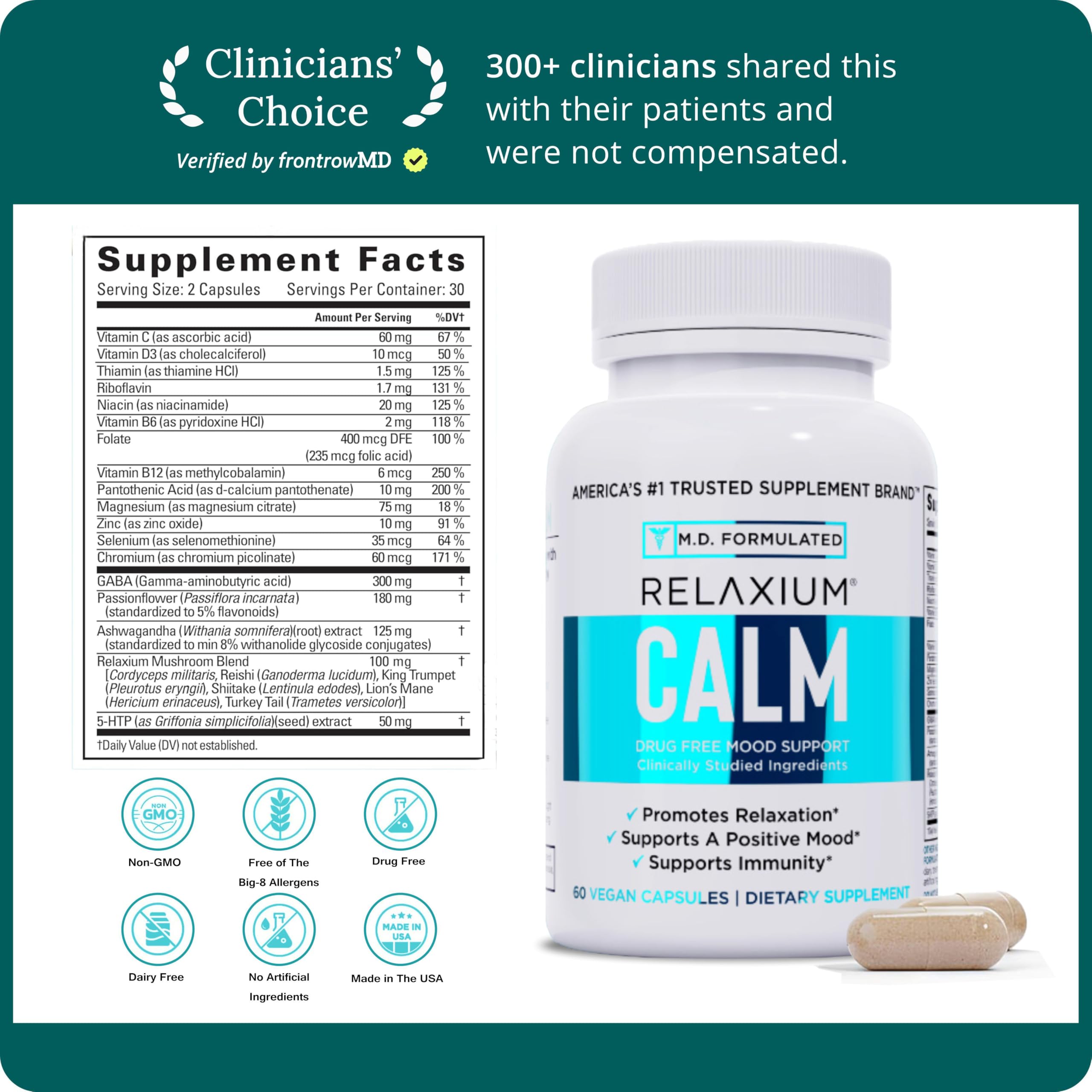 Botella Relaxium Calm abierta junto a cápsulas listas para consumir