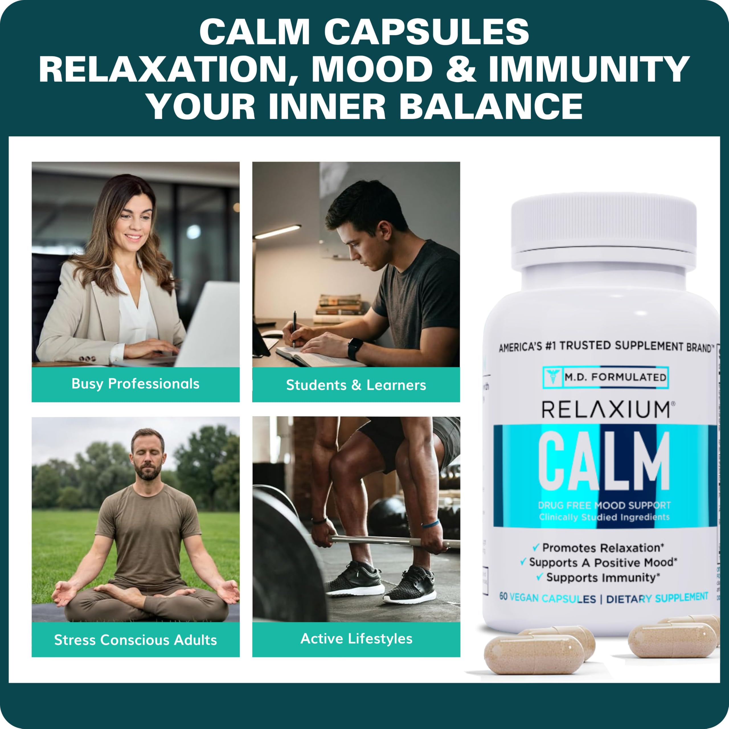 Detalle de ingredientes Relaxium Calm con ashwagandha y 5‑HTP para soporte